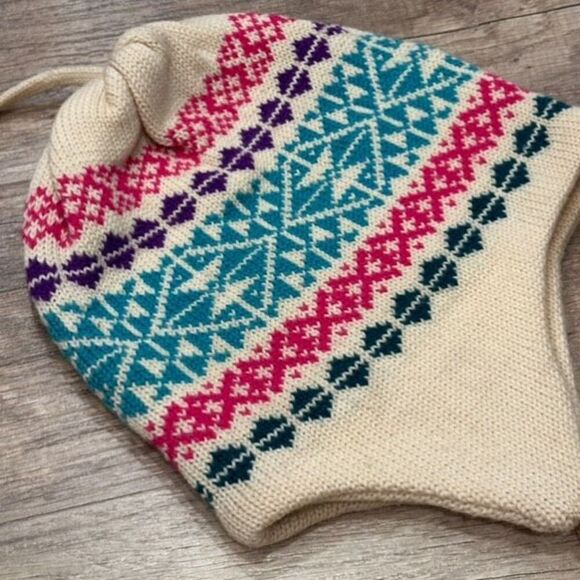 Vintage 70s  Meister Nordic Alpine‎ 100% Wool Colorful Winter Pom Pom Hat Toque - Picture 2 of 11